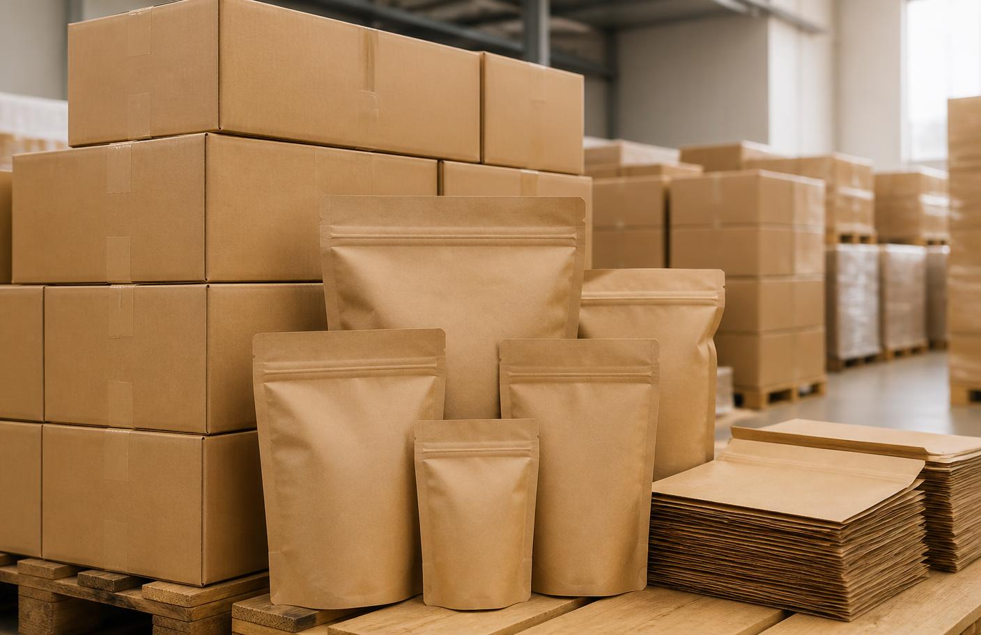 Export cartons and kraft pouches ready for dispatch